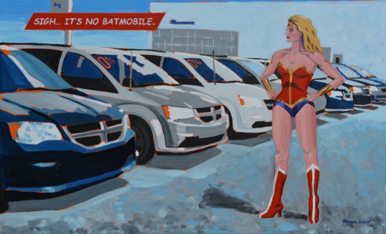 MM, hands on hips, contemplating a row of minivans for sale on a car lot.